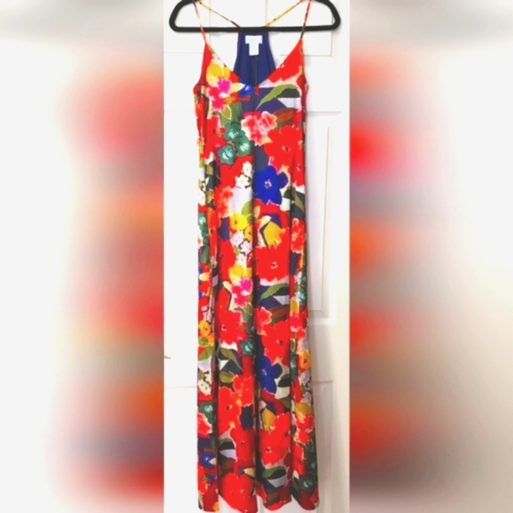 Nicole Miller Women's New Abstract Floral Print Slip-On Satin Maxi Dress. Size S
